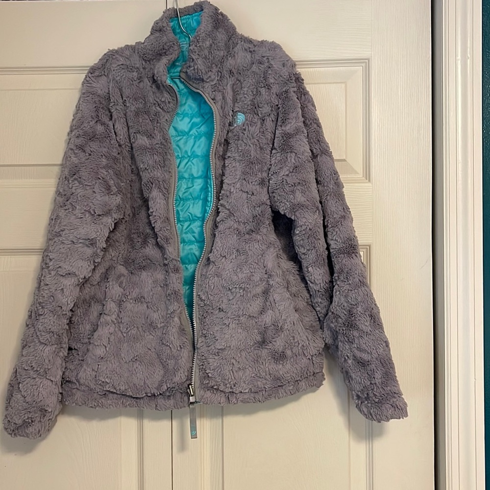 Girls North Face reversible puffer fleece XL 14 16